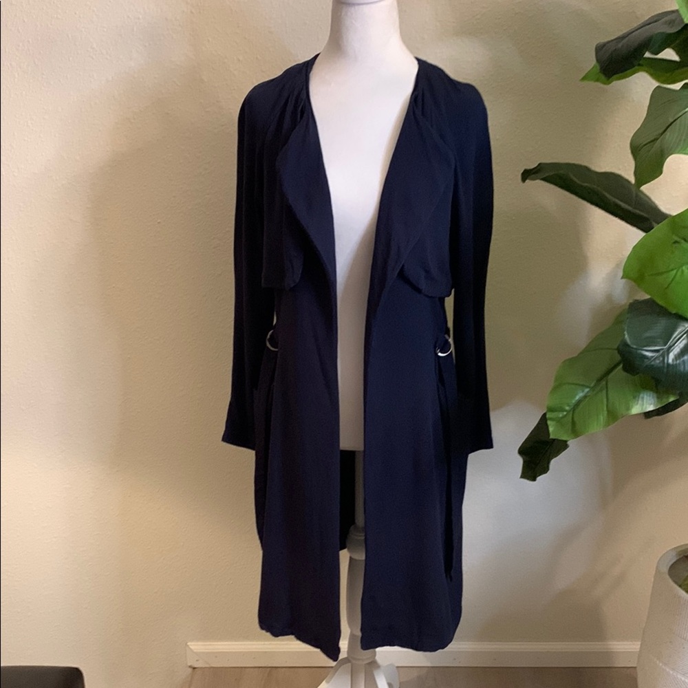Stradivarius Blue Trench Coat with Open Front and Relaxed Fit